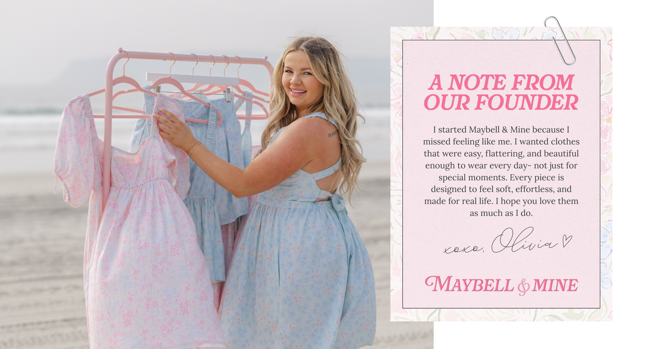 Woman holding a dress on a beach with a 'Note from the Founder' card displayed.