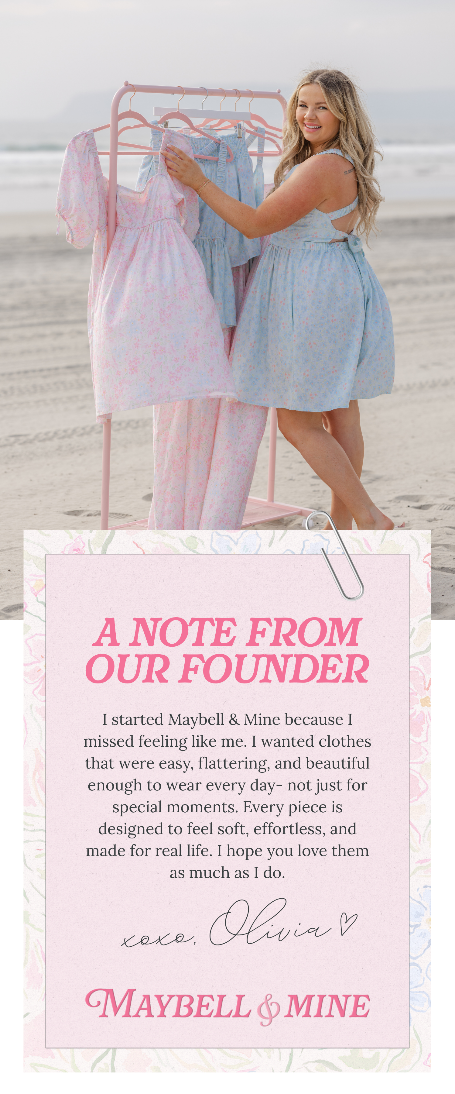 Woman holding a dress on a beach with a Maybell & Mine note from the founder.